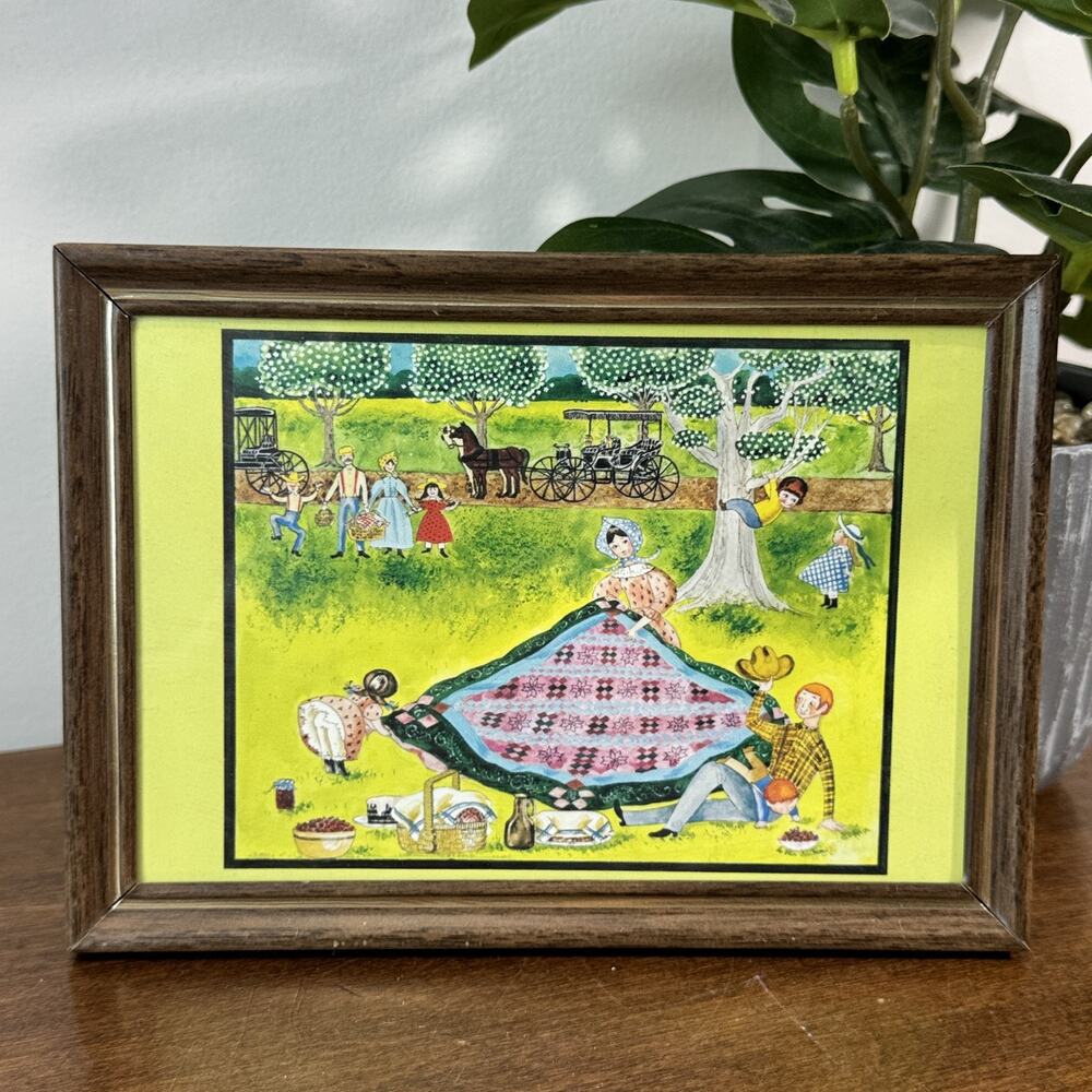 Vintage Van Den Berg Framed Art Print Folk Art Country Picnic Scene
